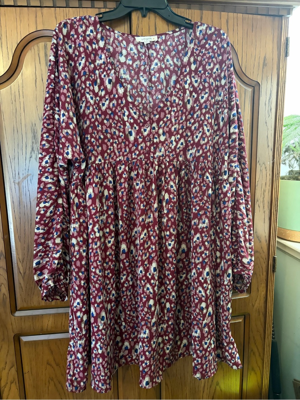 Umgee Burgundy Multi Print Long Sleeve Babydoll Dress